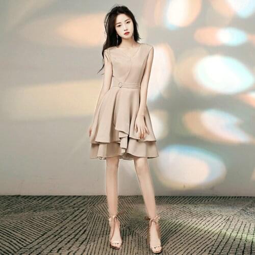 Special Occasion Dresses Vintage V-Neck Sleeveless Luxury Khaki Knee-Length A-Line Sashes Backless Elegant Women Prom Gown E1016