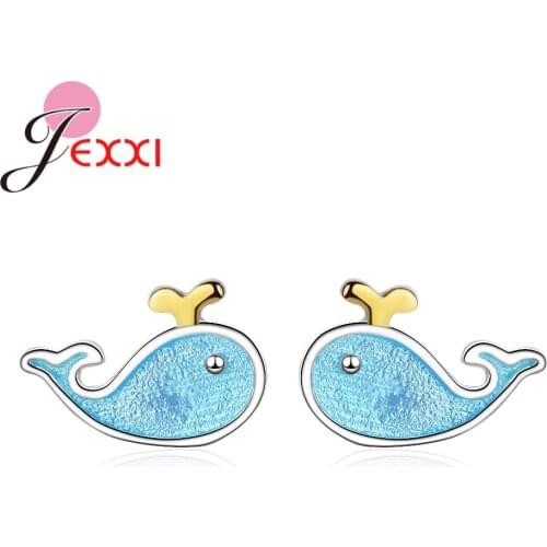 Delicate 925 Pure Silver Blue Small Whale Stud Earrings Lovely Animal Shape Lucky Birthday Jewelry For Women Girl Ladies