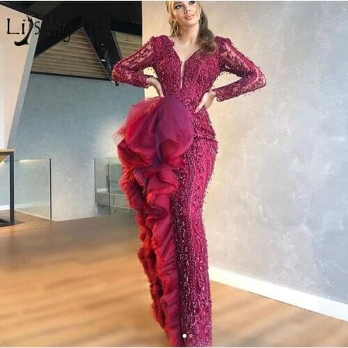 Dark Fuchsia Crystal Beaded Mermaid Evening Dresses Full Sleeves Long Ruffles Long Evening Gowns Pretty Formal Dresses