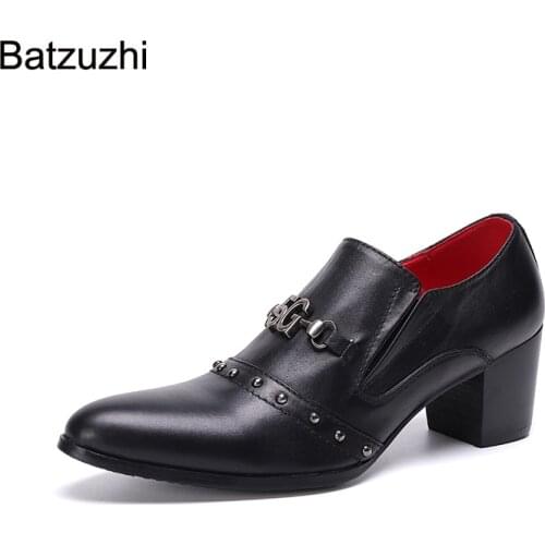 Batzuzhi Korean Style Gentleman Men Shoes 7cm High Heels Party Shoes Men Pointed Toe Genuine Leather Oxford Shoes,Big Size 38-46