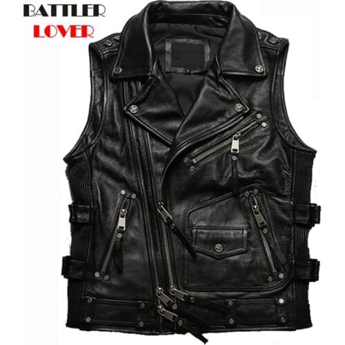 Vintage Heavy Real Cow Motorcycle Biker Vests For Men 2021 Zipper Genuine Leather Sleeveless Jackets Male Punk Rivet Waistcoats