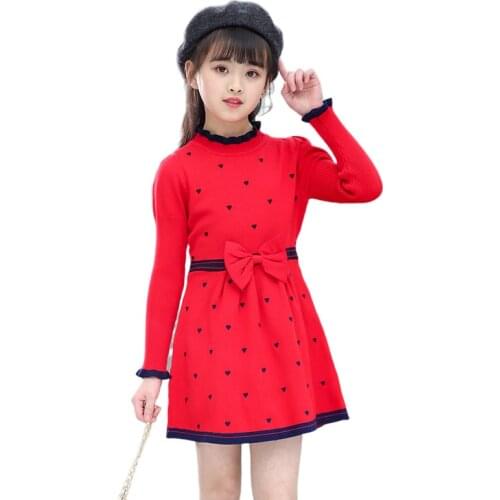 Girls Knitted dress autumn winter girls sweater dresses kids teenage party clothes children elegant bow cute heart printed 6-10y