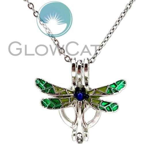 Green Enamel Insect Dragonfly Beads Cage Locket Pendant Perfume Diffuser Pearl Cage Necklace KK1049