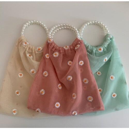 Women Mini Pearl Embroidery Daisy Hand Bag Casual Translucent Mesh Bag Reusable Eco Grocery Totes Women Clear Storage Handbags