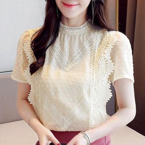 Blouse Women 2021 Summer Short Sleeve Blouse Shirt Women Tops Lace Chiffon Blouse Tops Women Shirts Blusas Camisas Mujer D185