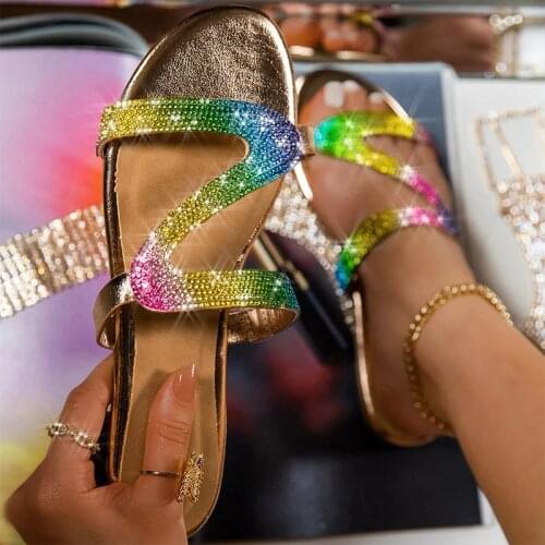 2021 Women Rhinestone Non-Slip Slippers Female Crystal Bling Colorful Summer Beach Slides Ladies Party Casual Flat Plus Size