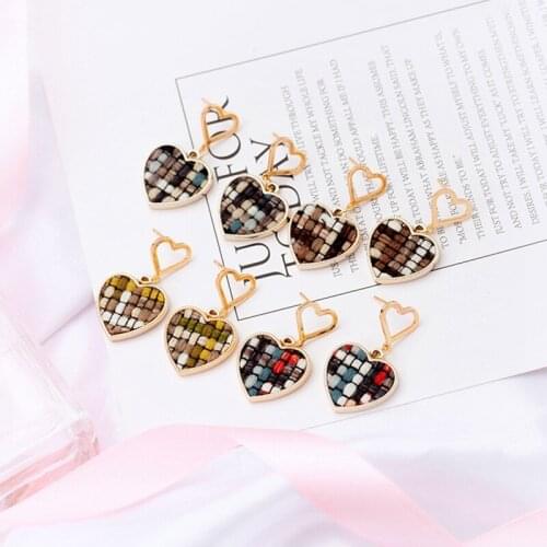 Korean Vintage Gold Color Metal Fabric Drop Earrings Geometric Round Triangle Love Heart Dangle Earrings For Women Jewelry Gift
