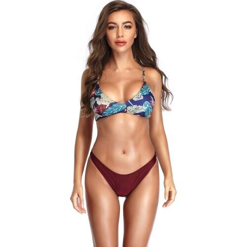 Women Red Push Up Bra Strap Backless Bikini Set Swimwear Leaves Print Top High Cut Low Waist Thong Bikinis 2 Piece Beach Suits