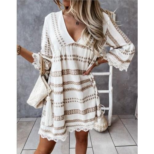 2021 New Style Women Loose Dress Ladies Stripe Printed Deep V-neck Half Sleeve Casual Dress Plus Size M-XXL