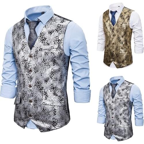 Mens new style individuality nightclub business bronzing printing leisure double breasted vest European and American sizes XXL