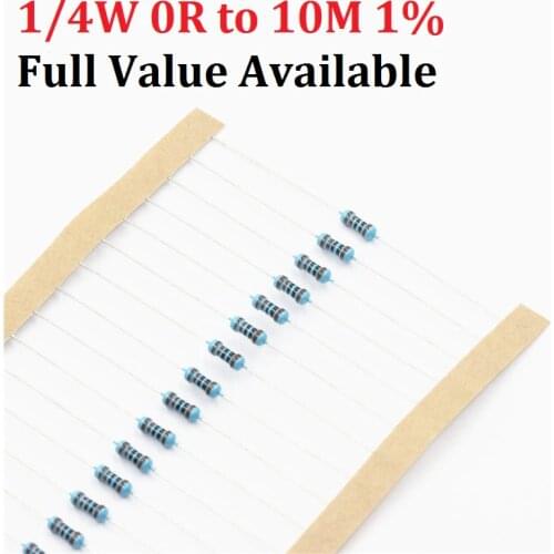 100pcs 1/4W 1R--10M 1% 1K ohm 10K 4.7k 2.2K 100R 220R 470R 1/2/3/4/5/6/7/8/9/0.4.5.6.7/R/K 0.25W Metal Film Resistor Free Ship