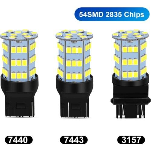 2pcs 54SMD 2835 Chips T20 LED 7440 7443 W21W W21/5W LED T25 3157 P27 7WBulbs Lamp Auto Brake Reverse Lights 12V White Red Amber