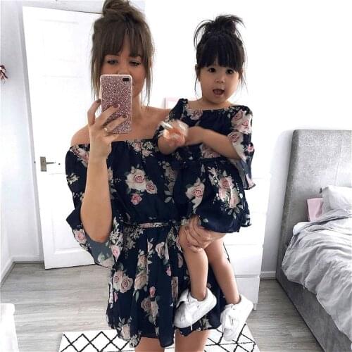 2021 Summer Mother and Daughter Matching Dress Clothes Off Shoulder Floral Mini Dress Mommy and Me Outfits