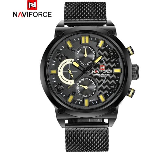 NAVIFORCE Mens Fashion Casual Quartz Watch Men 30M Waterproof Sport Watches Black Stainless Steel Mesh 24 Hour Calendar Clock