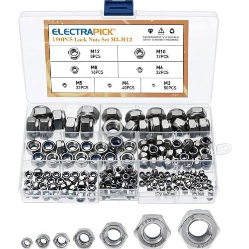 Electrapick Lock Nuts 190 Pieces Hexagon Nuts Stainless Steel Nylon Self-Locking Nut M3 M4 M5 M6 M8 M10 M12