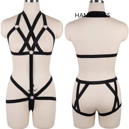 HANAERNES Black Underwear Punk Gothic Body Stretch Suspender Bra Set Halloween Carnival Ladies Elastic Belt Garter Belt