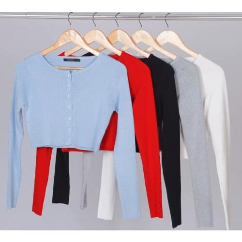 Women Fashion Casual Long-Sleeve Cardigans Tops Single Breasted Elastic Knitted thin sweater Crop Tops