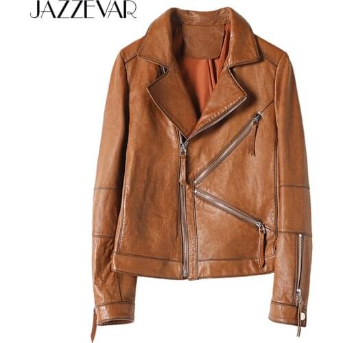 JAZZEVAR New High Fashion Street Women Real Sheep Skin Leather Jacket Oil wax color Genuine Leather Motorcycle zipper Jackets