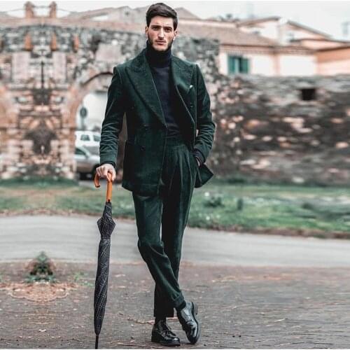 Spring/Autumn Dark Green Corduroy Men Suits 2 Pieces Modern Double Breasted Peaked Lapel Jacket With Pants Slim Fit Groom Wear