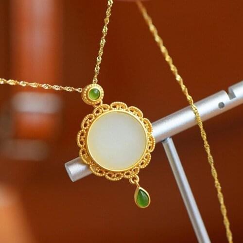 Autumn and winter new style ancient gold craftsmanship inlaid natural Hetian jade round necklace pendant lady silver jewelry