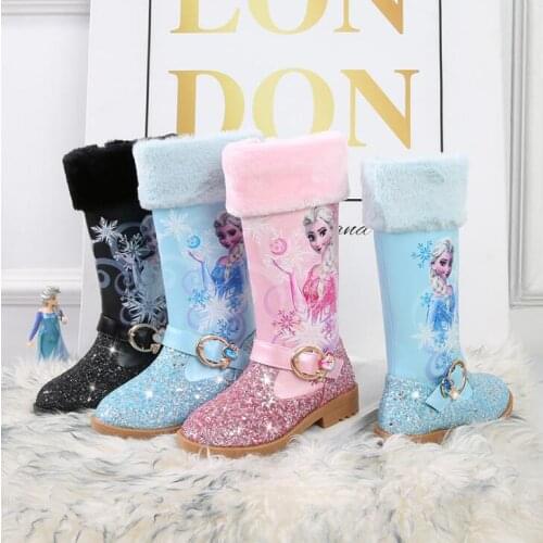 Disney Elsa Princess Long Boots Girls High-heeled Autumn And Winter Warm Boots Children Sequins Snow Shoes Frozen Boots
