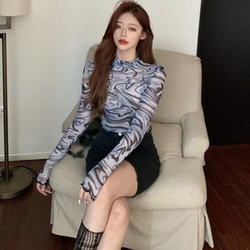 Sexy Women Autumn T Shirt Slim Bottoming Long Sleeve Mesh Short Top Girls Breathable Fashion Tee Shirt 2020