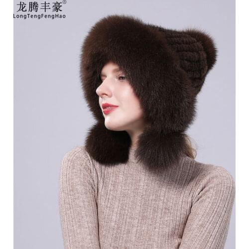Real Mink Fur Hat With Fox Fur Ball Velvet Winter Earmuffs Protective Cap Knit For Women Russian Hat Fox Fur Hat Pilot Hat