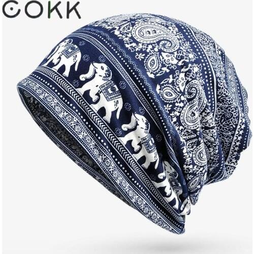 COKK Turban Hat Female Winter Beanie Stocking Hats for Women Men Elephant Pattern Skullies Beanies Bonnet Cap Male Plus Velet