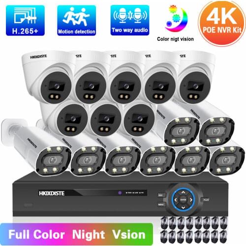 4K 8MP POE Security Camera System 16CH CCTV NVR Kit Color Night Vision 2 Way Audio Video Surveillance IP Camera System Set XMEYE