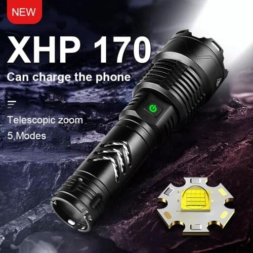 Super Bright XHP170 Powerful Flashlight 18650 High Power Led Flashlights Waterproof Torch USB Rechargeable Torch Camping Lantern