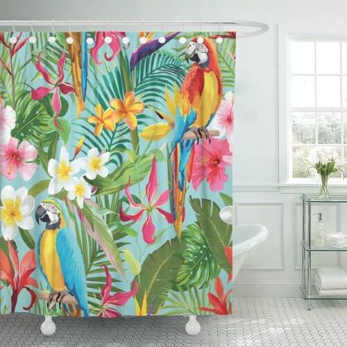 Green Botanical Tropical Flowers and Parrots Floral Summer Pattern for Jungle Aloha Shower Curtains Waterproof Polyester Fabric