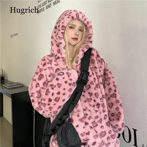 Womens Pink Leopard Jacket Faux Fur Plush Hooded Coat Oversized Animal Print Hoodie Casual Wool Flannel Pullover Sweatshirt