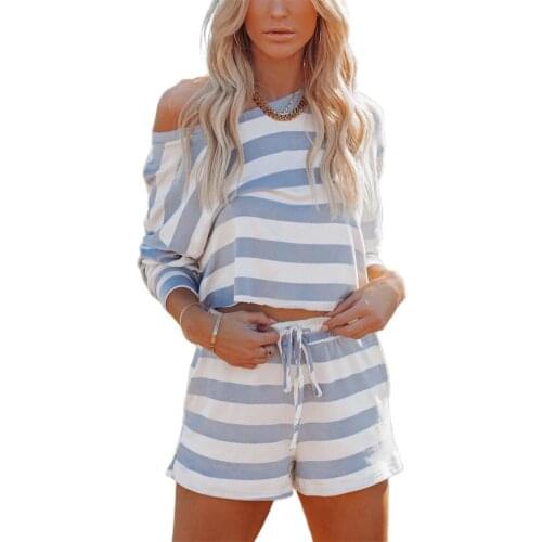 1Pcs Women Outfit Horizontal Stripes Drawstring Round Neck Long Sleeve Sweatshirt Shorts Set for Daily Wear Ladies Clothes