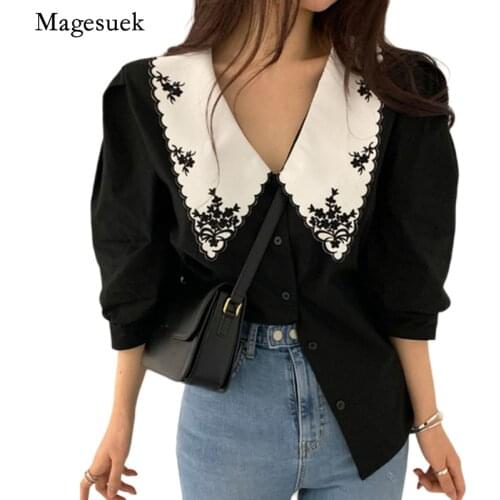 Korean Chic Puff Sleeve Blouse 2021 Elegant White Floral Embroidery Women Shirts Vintage Blusas Mujer De Moda Clothes Tops 14223