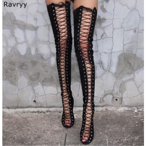Cross-tied Woman Long Boots Suede Leather Black Over-the-knee Boot Peep Toe Lace Up Design Hot Fashion Female Motorcycle Booties