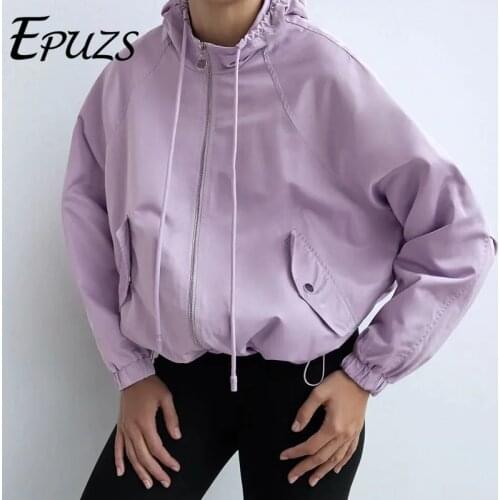 2021 Women Fashion Slim Pocket Jacket Coat Elegant Purple Drawstring Waterproof Jacket Famale Outerwear Chic Top EPUZS