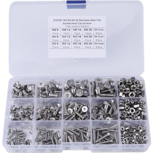 440PCS/Set M3 M4 M5 Hex Socket Head Cap Screws Assortment Kit Stainless Steel Hex Button Head Cap Machine Screws for Repair