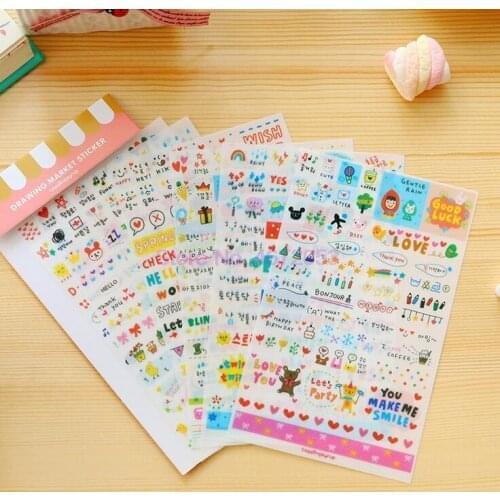 500sets/lot Kawaii Cute Drawing Market Planner Book Diary Decorate Stationery Stickers PVC Transparent Scrapbooking 6PCS/set