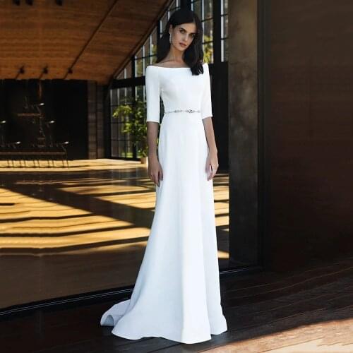 Fivosle Elegant A-line Satin Wedding Dress Robe De Mariée Beaded Belt Boat Neckline Half Sleeves Bridal Gowns Vestido De Noche