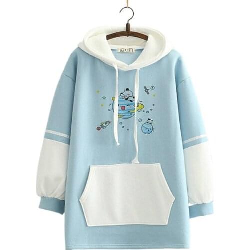 Fleece Long Hooded Sweatshirt Cartoon Print Patchwork Casual Hoodies Women 2020 Winter Pocket Sweet Style Teen Girls Basic Top