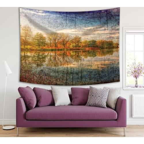 Tapestry Autumn Nature Trees Clouds Reflection on Lake Aged Retro Style Blue White Green Yellow Countryside View Printed