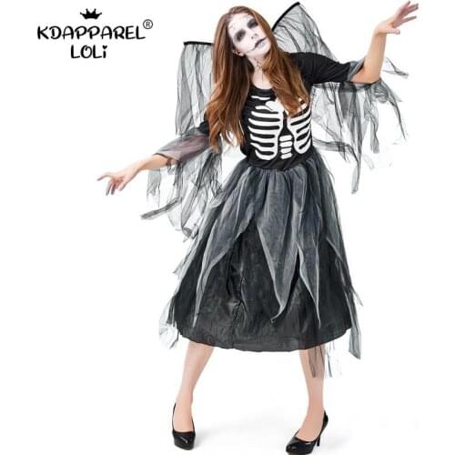 Halloween Carnival Costume Womens Dress Zombie Skeleton Printed Dark Angel Mesh Gauze Cool Teens Girls Cosplay Party Female New