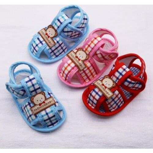 Summer Boy Baby Girl Cartoon Sandals Bear Pattern Plaid Hollow Cotton Shoes Baby Toddler Shoes Newborn First Walker