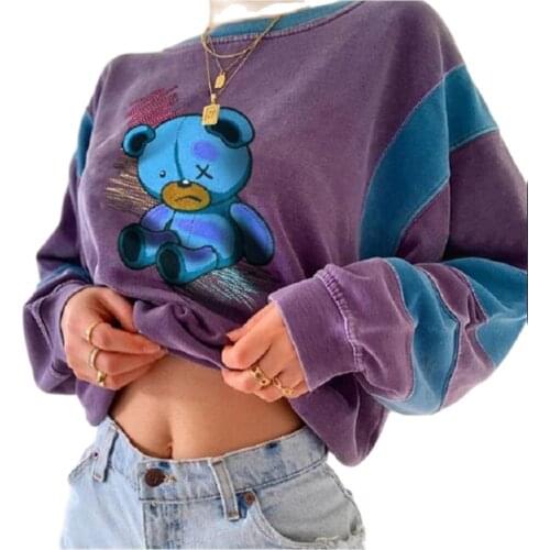 Fashion Korean Version Preppy Style Women/Girl O-Neck Cartoon Bear Print Splicing Long Sleeve Casual Loose Purple Sweatshirts