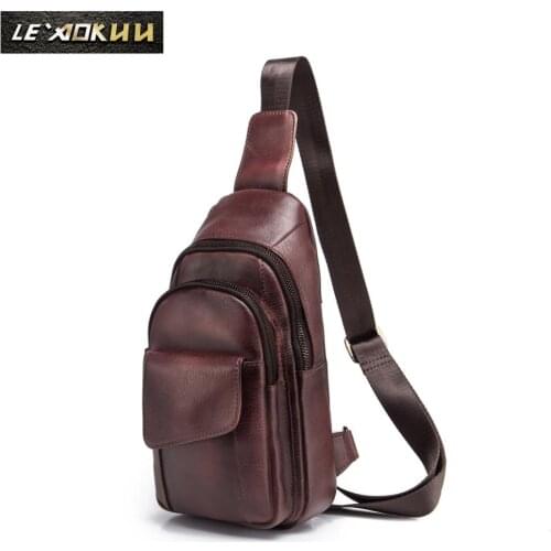 Men Original Crazy horse Leather Casual Fashion Crossbody Chest Sling Bag Design Travel One Shoulder Bag Daypack Male 8013w