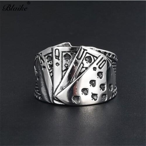 Blaike Punk Stainless Steel Magician Playing card rings For Men party Banquet Jewelry Mens Ring Birthday Gifts