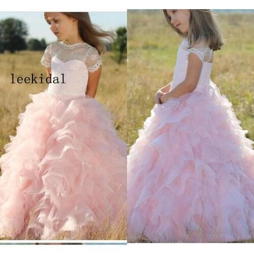 Sweet Blush Ruffles Country Cheap Flower Girls Dresses For Wedding Princess Short Sleeves Lace Top Tulle First Communion Dress