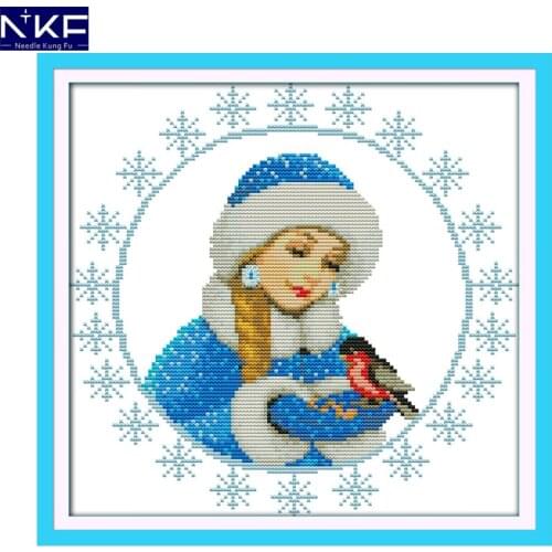 NKF Winter Beautiful Girl Stamped Cross Stitch Sets Needlework DIY Kits Embroidery Chinese Cross Stitch Pattern for Home Decor