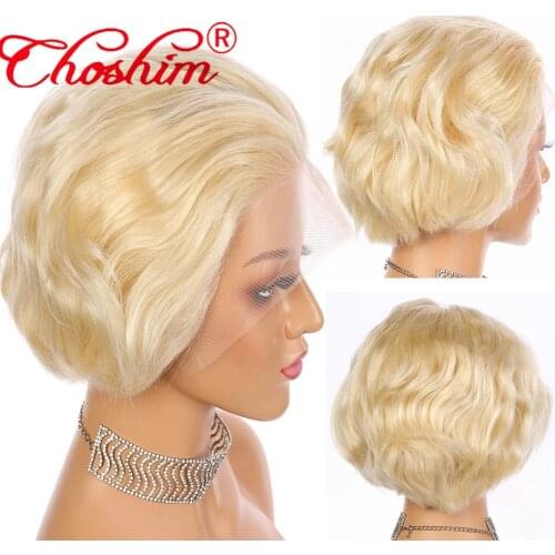 Pixie Cut Blonde Lace Front Human Hair Wigs 13x1 Remy Glueless Brazilian Short 613 Blonde Lace Part Wig 150% Pre Plucked