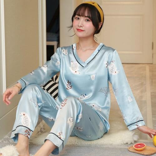 Pajama Sets Women Spring V-neck Thin Printed Sleepwear Korean Style Women Homewear Sexy Leisure Elegant Nightwear Pyjamas Chic